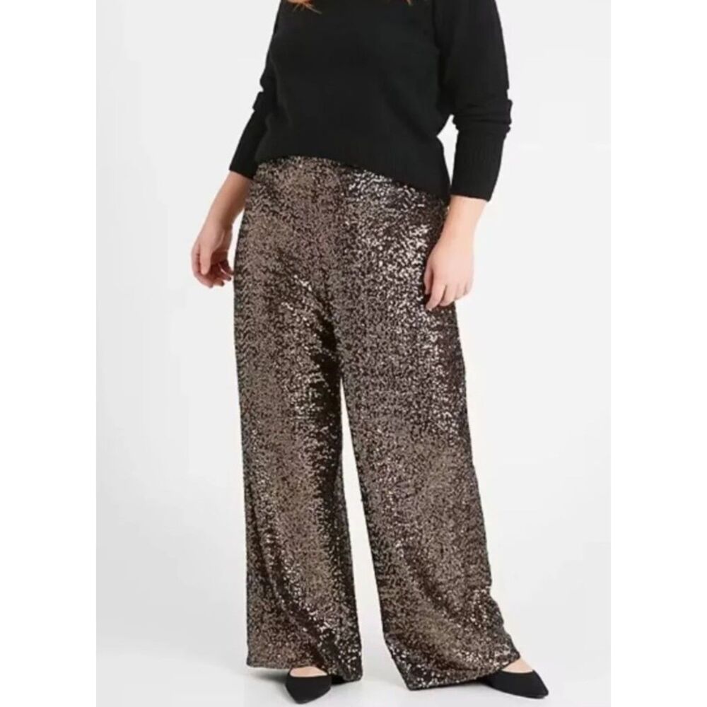 Banana Republic Glamorous Gold Sequin Wide Leg Party Bling Bold Event Pant SZ XL